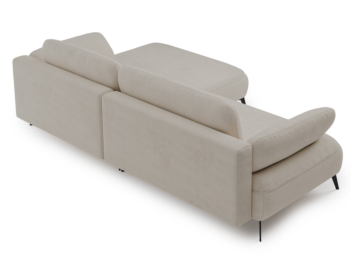 Canapé d’angle Avolla avec fonction couchage, configuration en L côté droit, avec coffre de rangement, tissu chenille hydrofuge beige