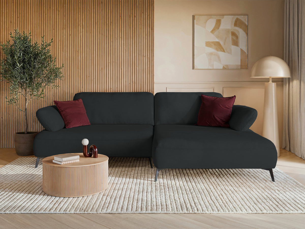 Canapé d'angle Avolla L-droit avec fonction couchage et coffre, tissu chenille hydrofuge graphite