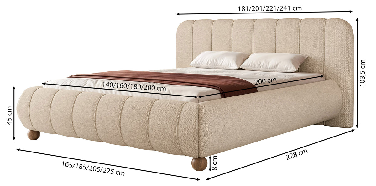 Gepolstertes Bett 200x200 cm Malunna mit Stauraum, Metallrahmen, salbeigrüner Chenille-Stoff, pflegeleicht, Beine in lackiertem Buchenholz, kugelförmig