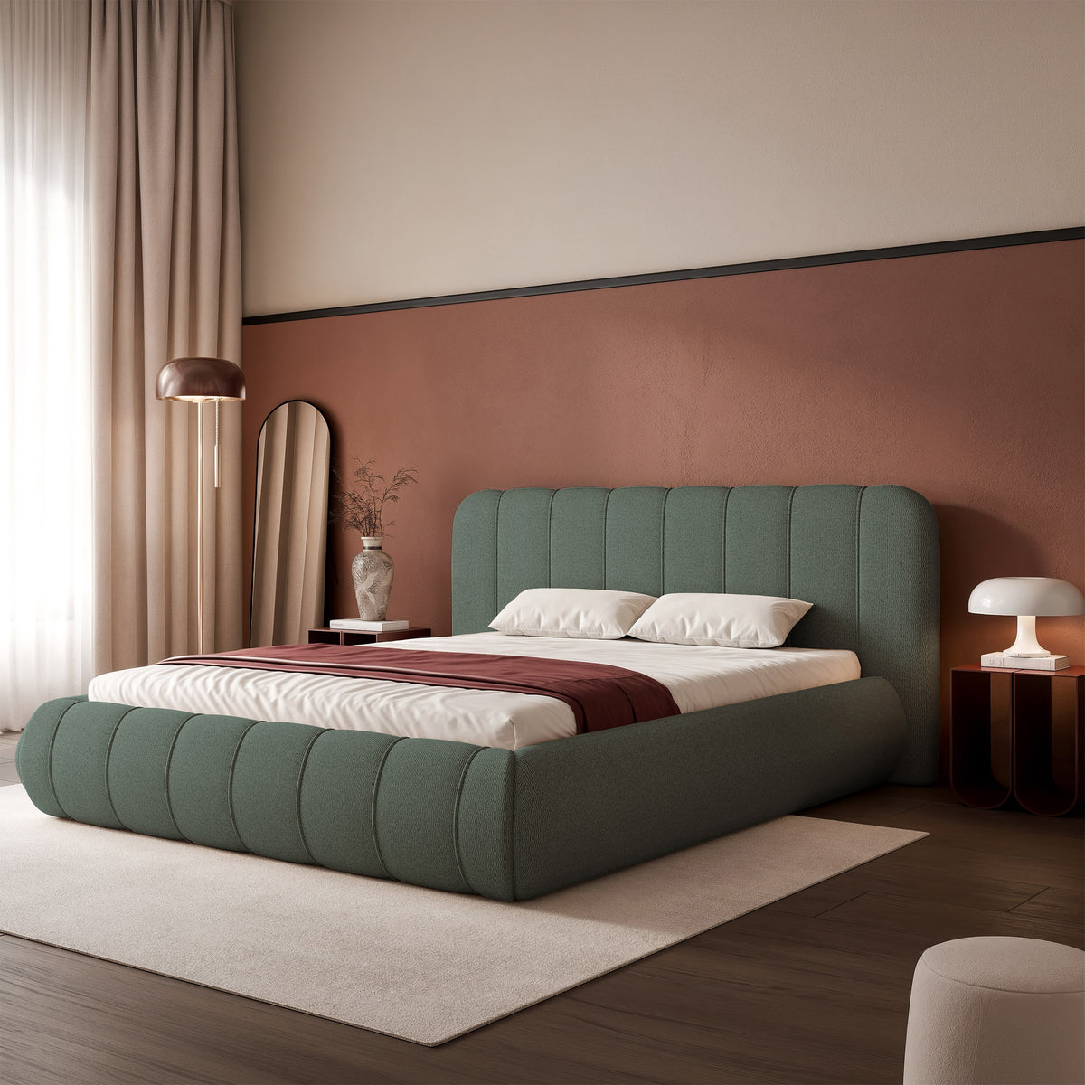 Gepolstertes Bett 180x200 cm Malunna mit Stauraum, Metallrahmen, salbeigrüner Chenille, pflegeleicht