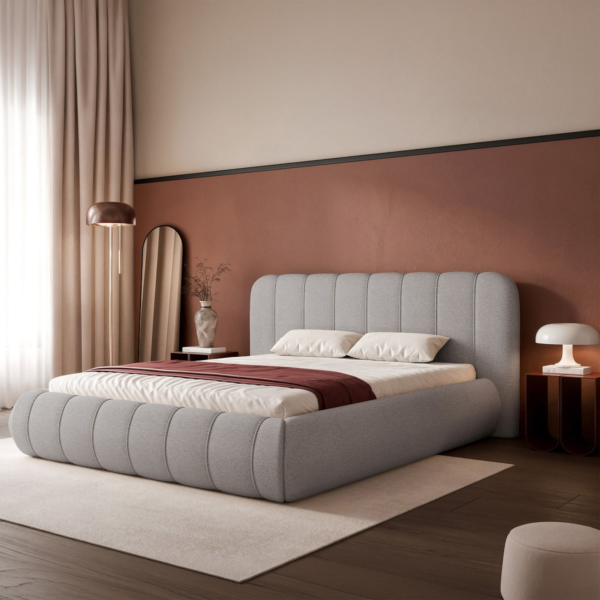 Gepolstertes Bett 200x200 cm Malunna mit Stauraum, Metallrahmen, grauer, leicht zu reinigender Chenille-Stoff