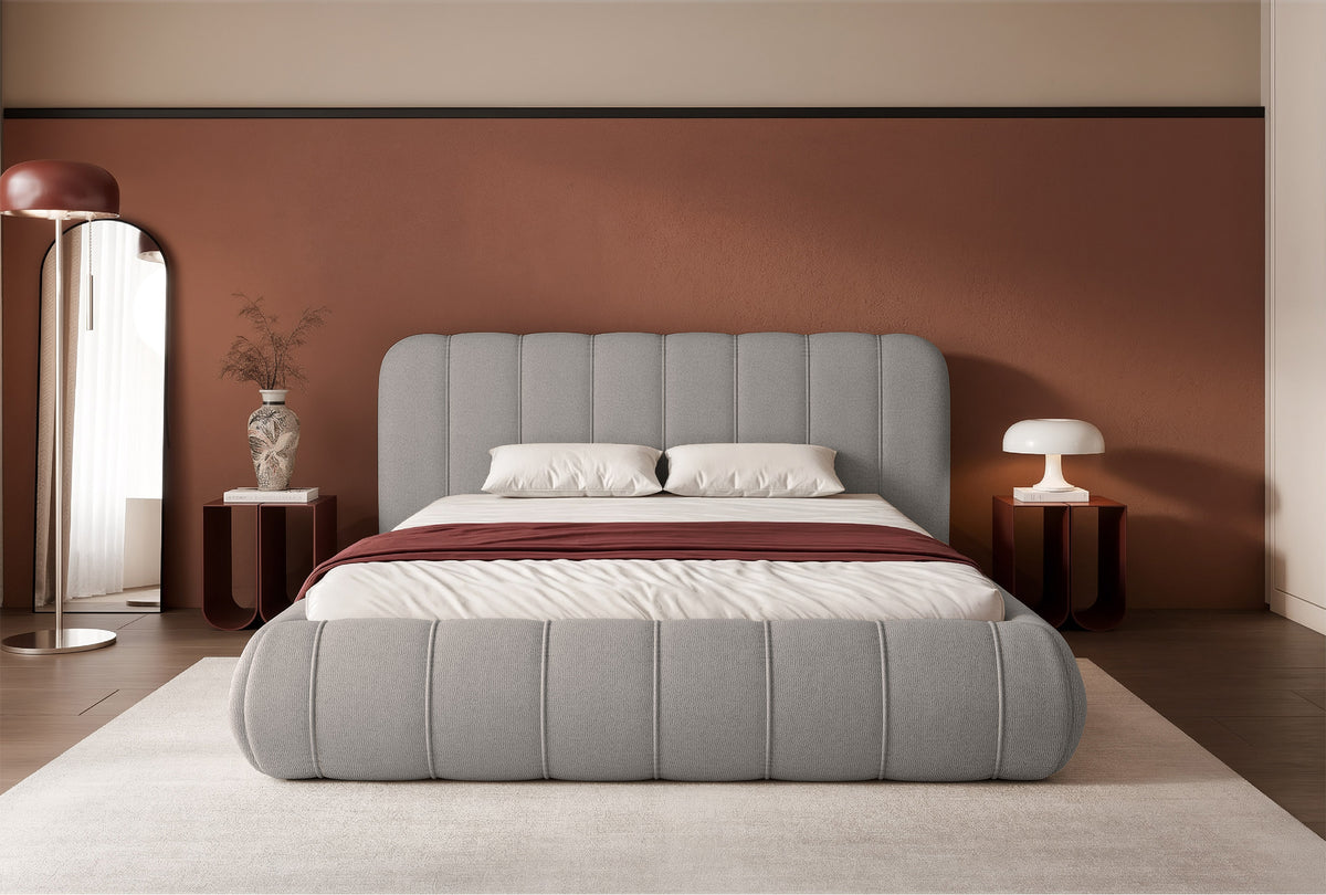 Gepolstertes Bett 200x200 cm Malunna mit Stauraum, Metallrahmen, grauer, leicht zu reinigender Chenille-Stoff