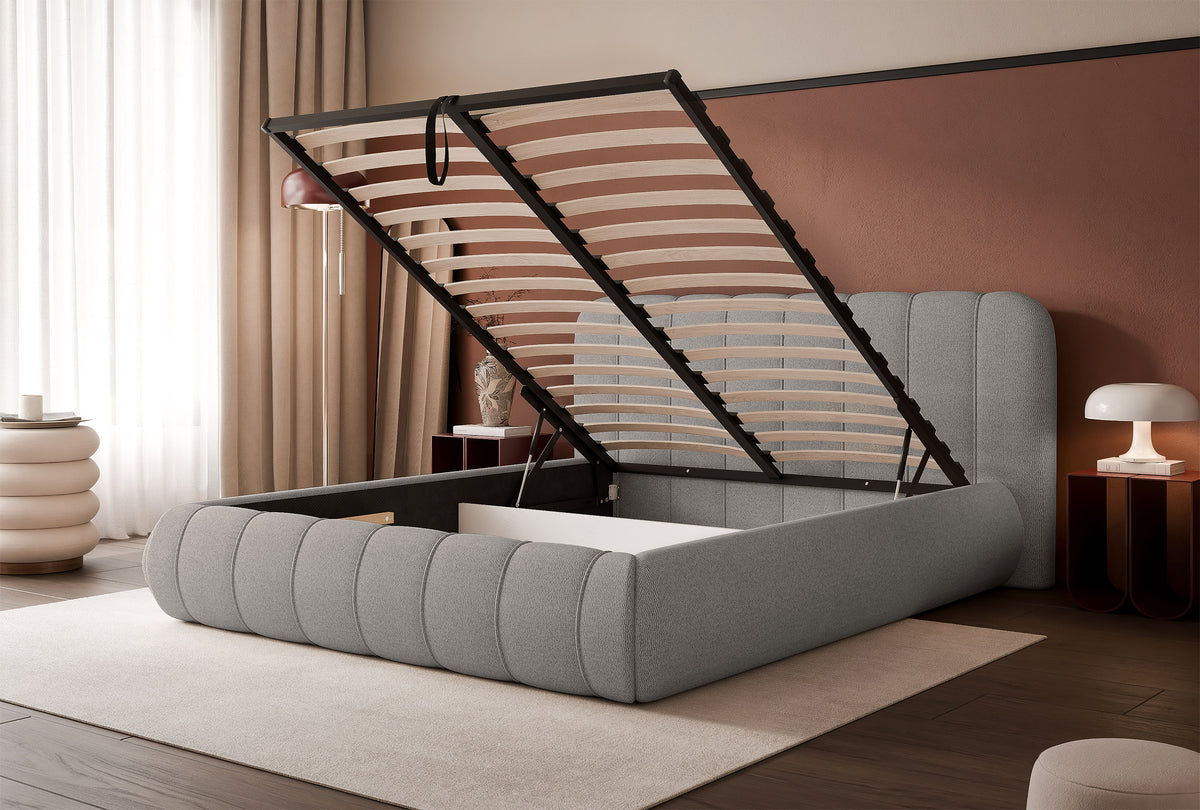 Gepolstertes Bett 200x200 cm Malunna mit Stauraum, Metallrahmen, grauer, leicht zu reinigender Chenille-Stoff