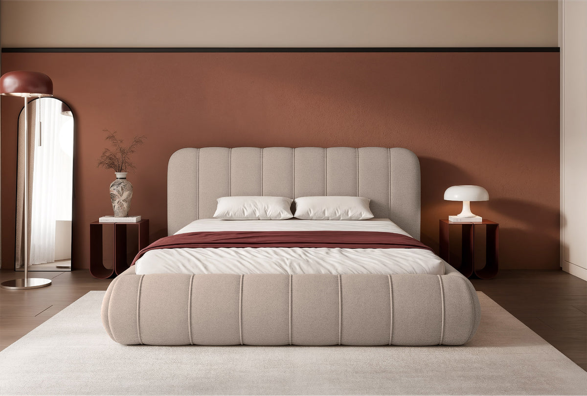 Gepolstertes Bett 200x200 cm Malunna mit Stauraum, Metallrahmen, hellbeige Chenille, pflegeleicht