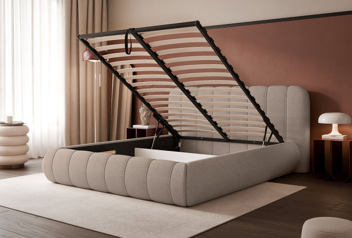 Gepolstertes Bett 200x200 cm Malunna mit Stauraum, Metallrahmen, hellbeige Chenille, pflegeleicht