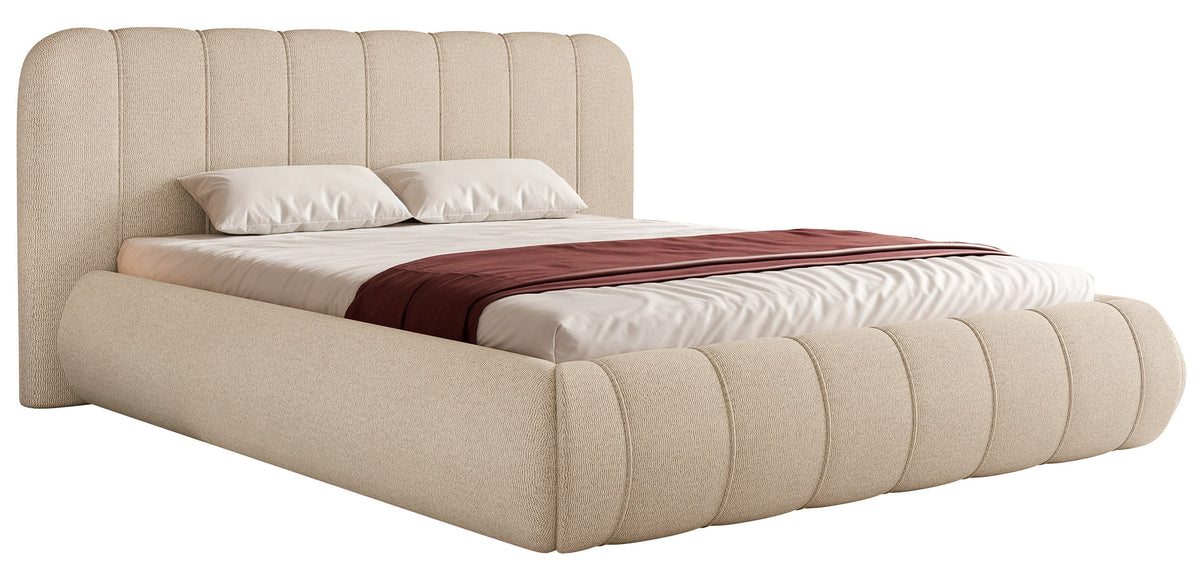 Lit tapissé 200x200 cm Malunna avec rangement, cadre métallique, tissu chenille beige facile à nettoyer