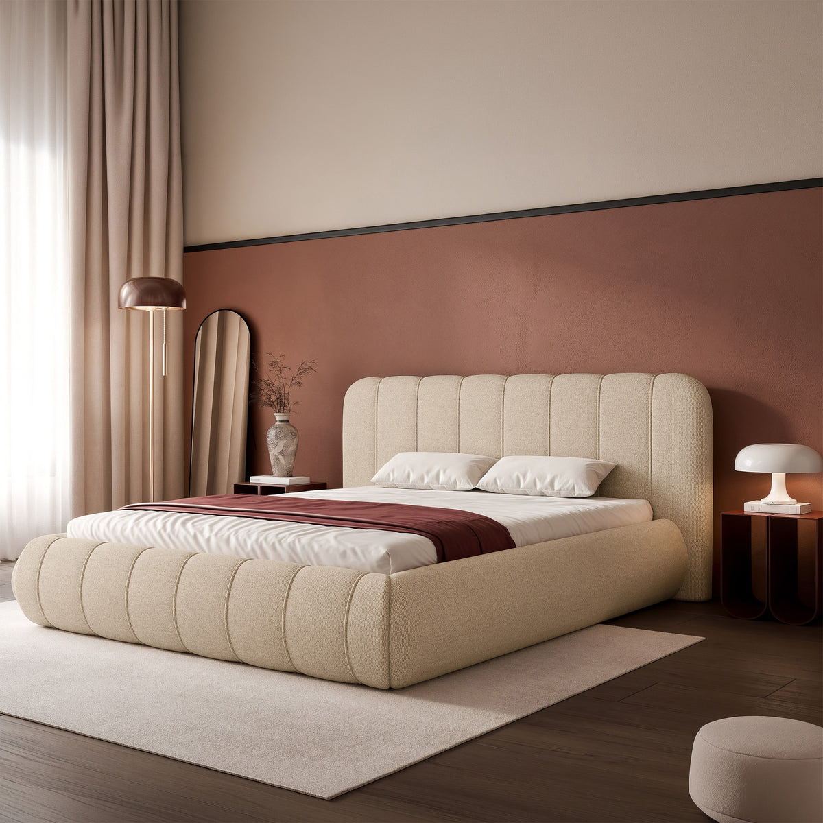 Lit tapissé 200x200 cm Malunna avec rangement, cadre métallique, tissu chenille beige facile à nettoyer