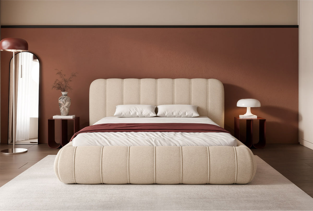 Lit tapissé 200x200 cm Malunna avec rangement, cadre métallique, tissu chenille beige facile à nettoyer