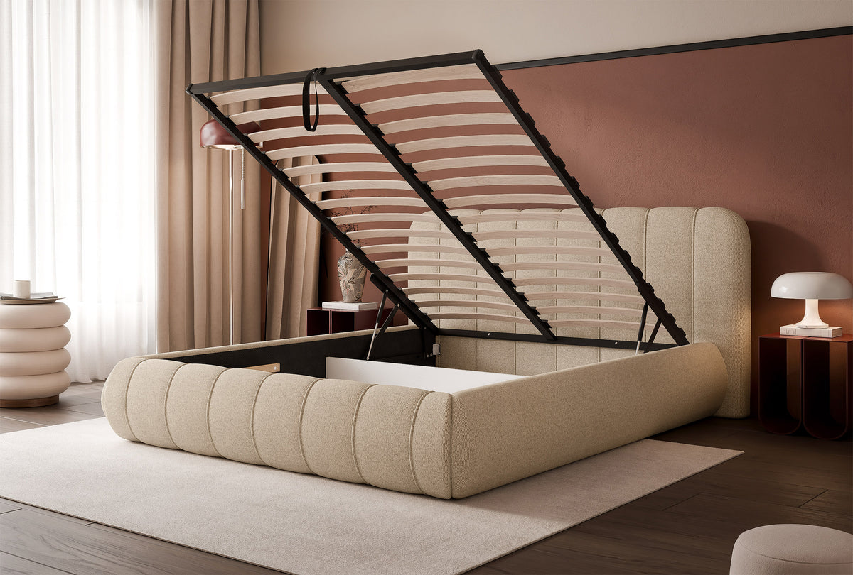 Lit tapissé 200x200 cm Malunna avec rangement, cadre métallique, tissu chenille beige facile à nettoyer