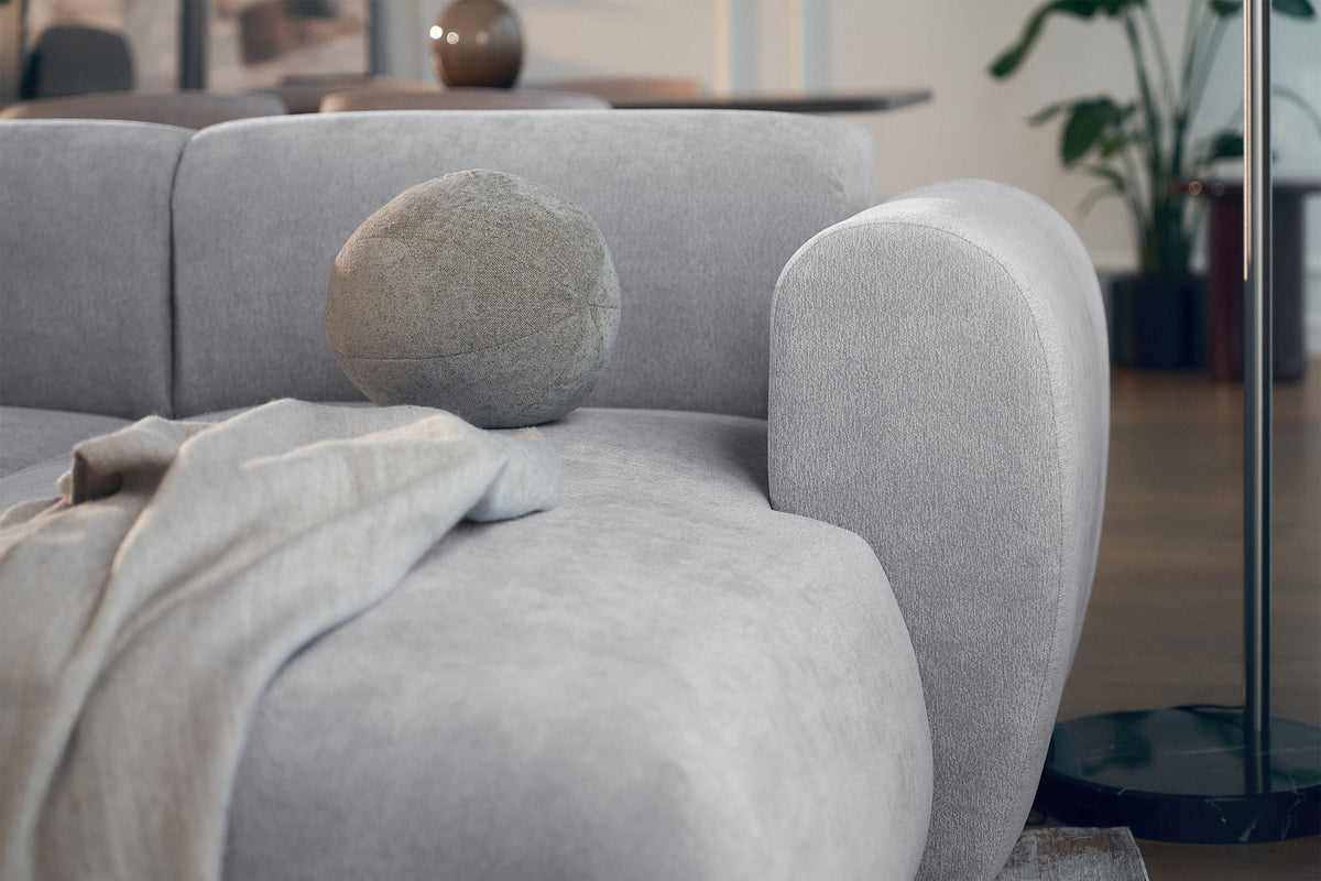 Canapé d'angle droit Emia avec fonction couchage, tissu chenille gris