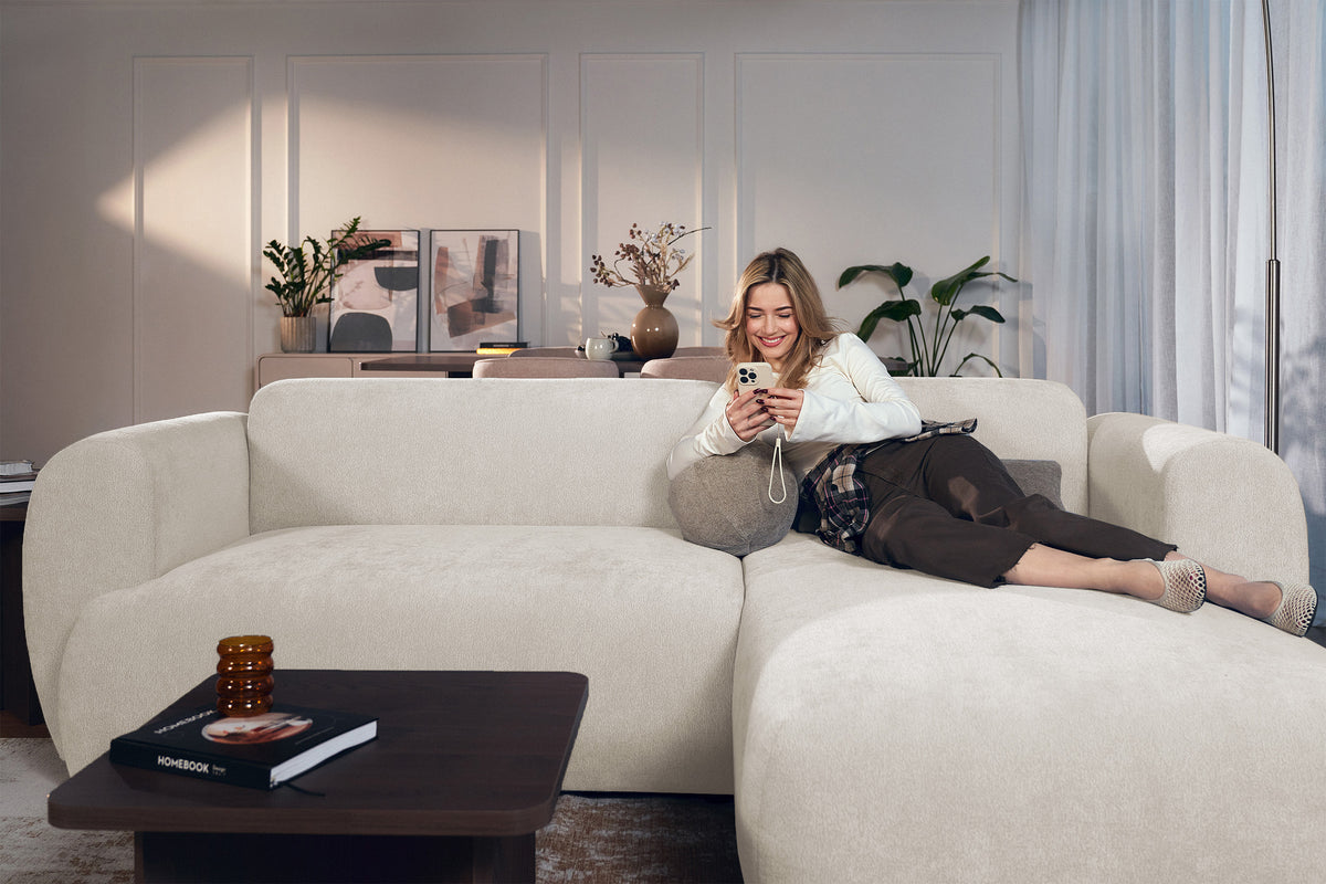 Canapé d'angle droit Emia avec fonction couchage, en chenille beige