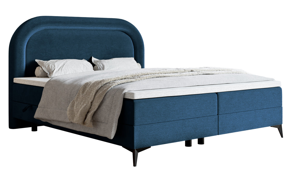 Lit continental 180x200 cm Loreo avec topper et rangements, velours hydrofuge bleu marine