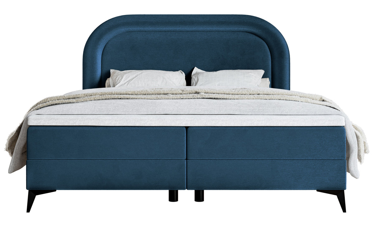 Lit continental 140x200 cm Loreo avec topper et coffres, velours hydrofuge bleu marine