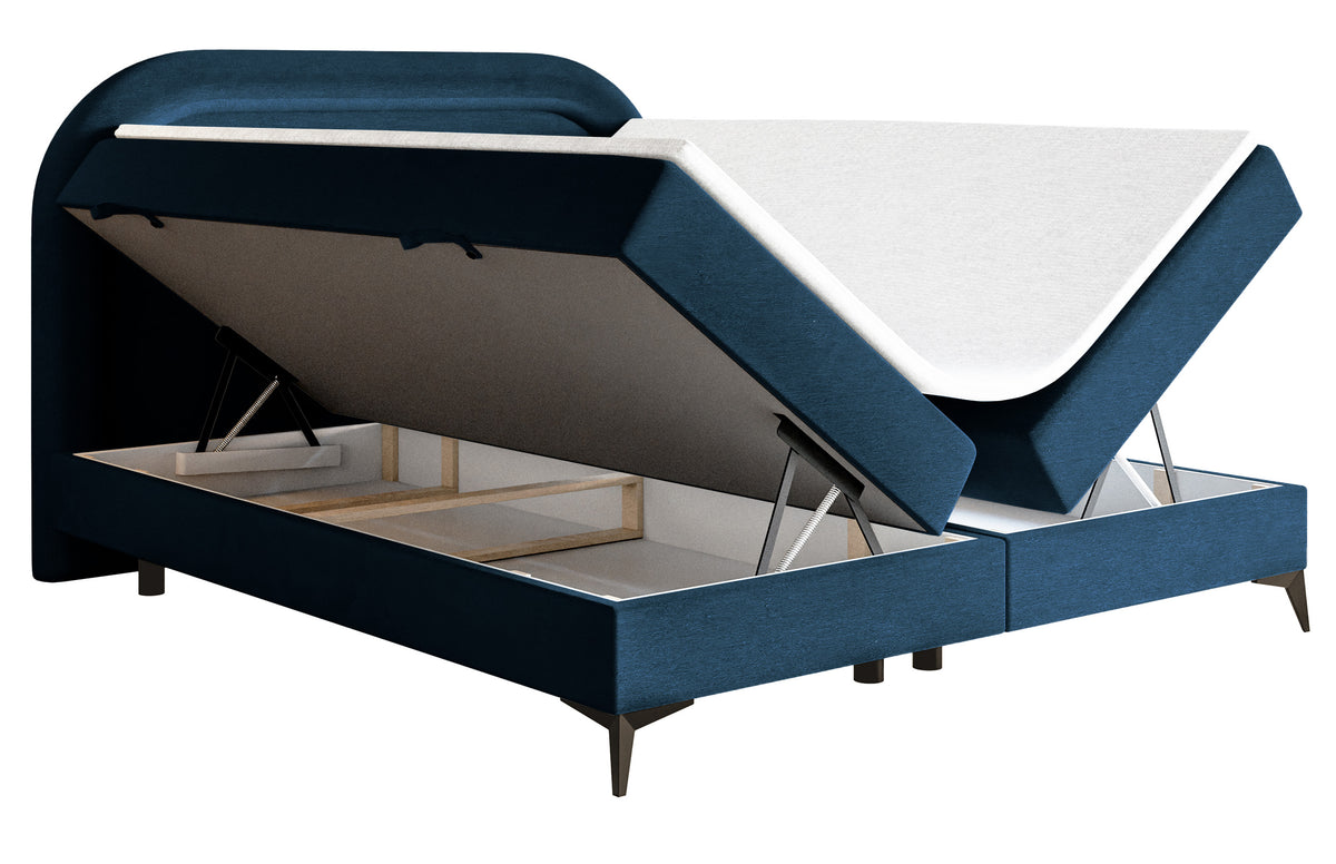 Lit continental 180x200 cm Loreo avec topper et rangements, velours hydrofuge bleu marine