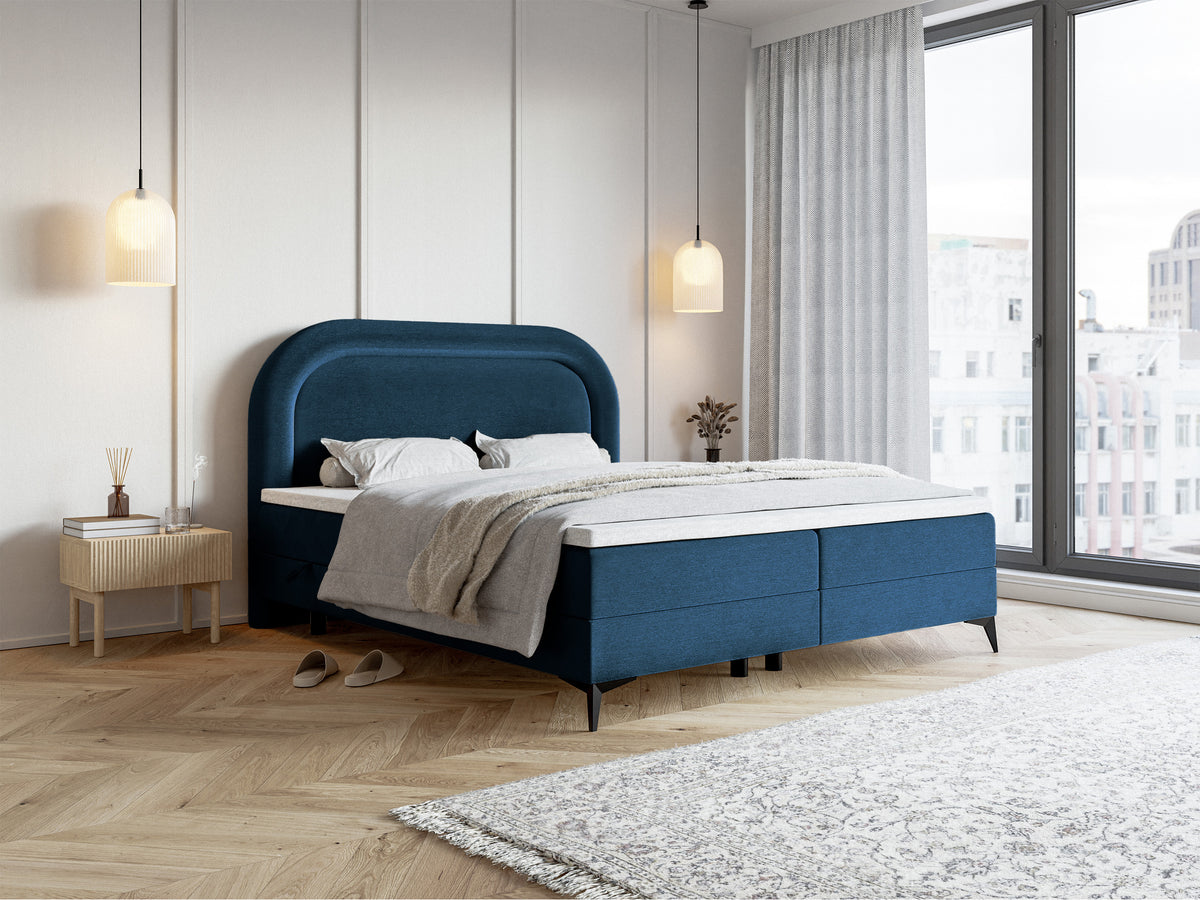 Lit continental 180x200 cm Loreo avec topper et rangements, velours hydrofuge bleu marine