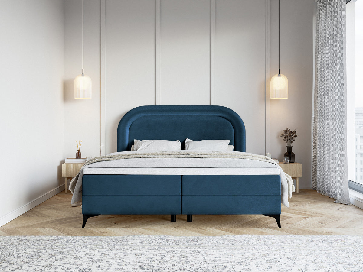 Lit continental 180x200 cm Loreo avec topper et rangements, velours hydrofuge bleu marine