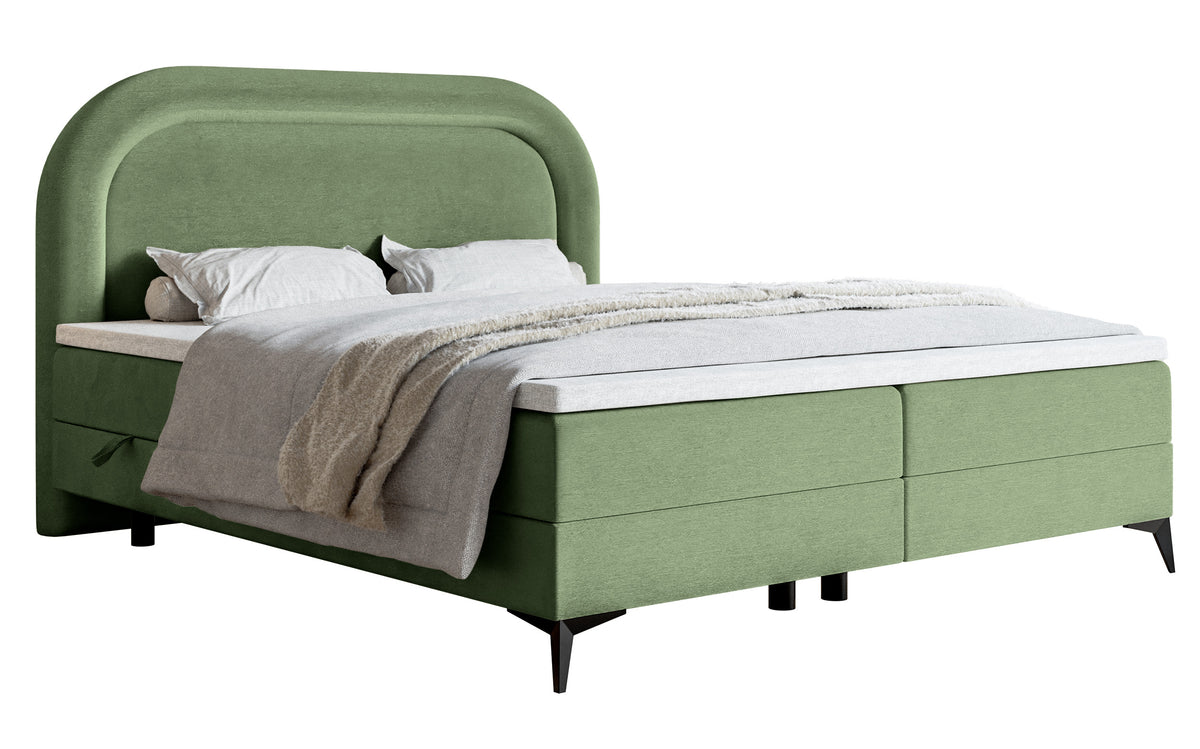 Lit continental 180x200 cm Loreo avec topper et rangements, velours hydrofuge eucalyptus