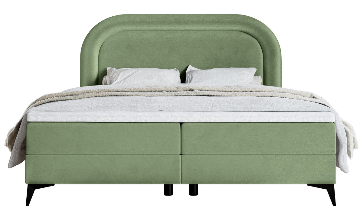 Lit continental 180x200 cm Loreo avec topper et rangements, velours hydrofuge eucalyptus