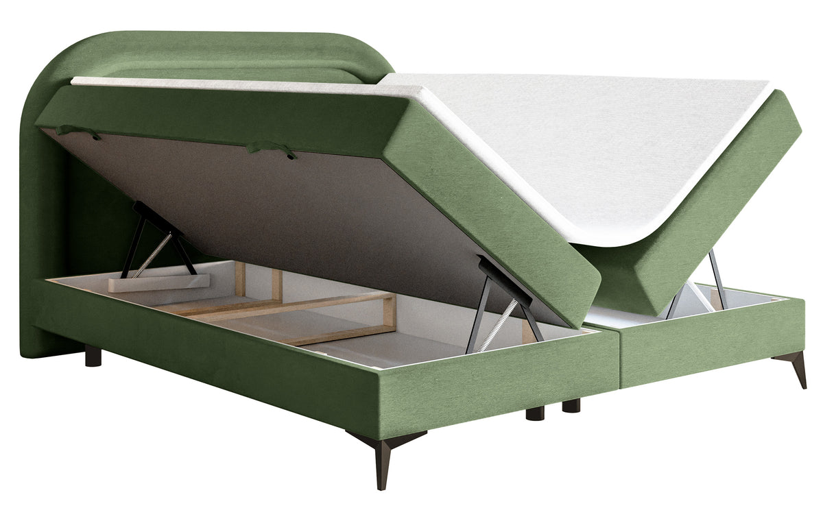 Lit continental 180x200 cm Loreo avec topper et rangements, velours hydrofuge eucalyptus