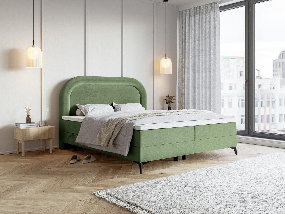Lit continental 180x200 cm Loreo avec topper et rangements, velours hydrofuge eucalyptus