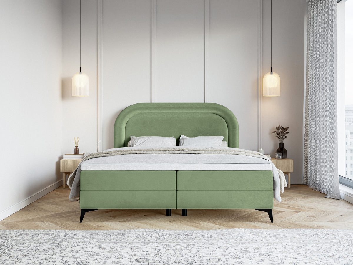Kontinentales Bett 160x200 cm Loreo mit Topper und Stauraum, eukalyptusfarbener Velours, wasserabweisend