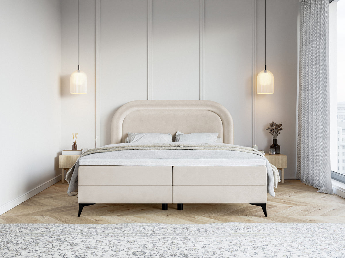 Kontinentales Bett 140x200 cm Loreo mit Topper und Stauraum, grau-beiger hydrophober Samt