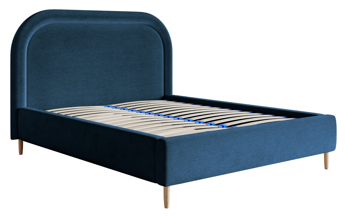 Lit tapissé 140x200 cm Loreo avec rangement, velours hydrofuge bleu marine