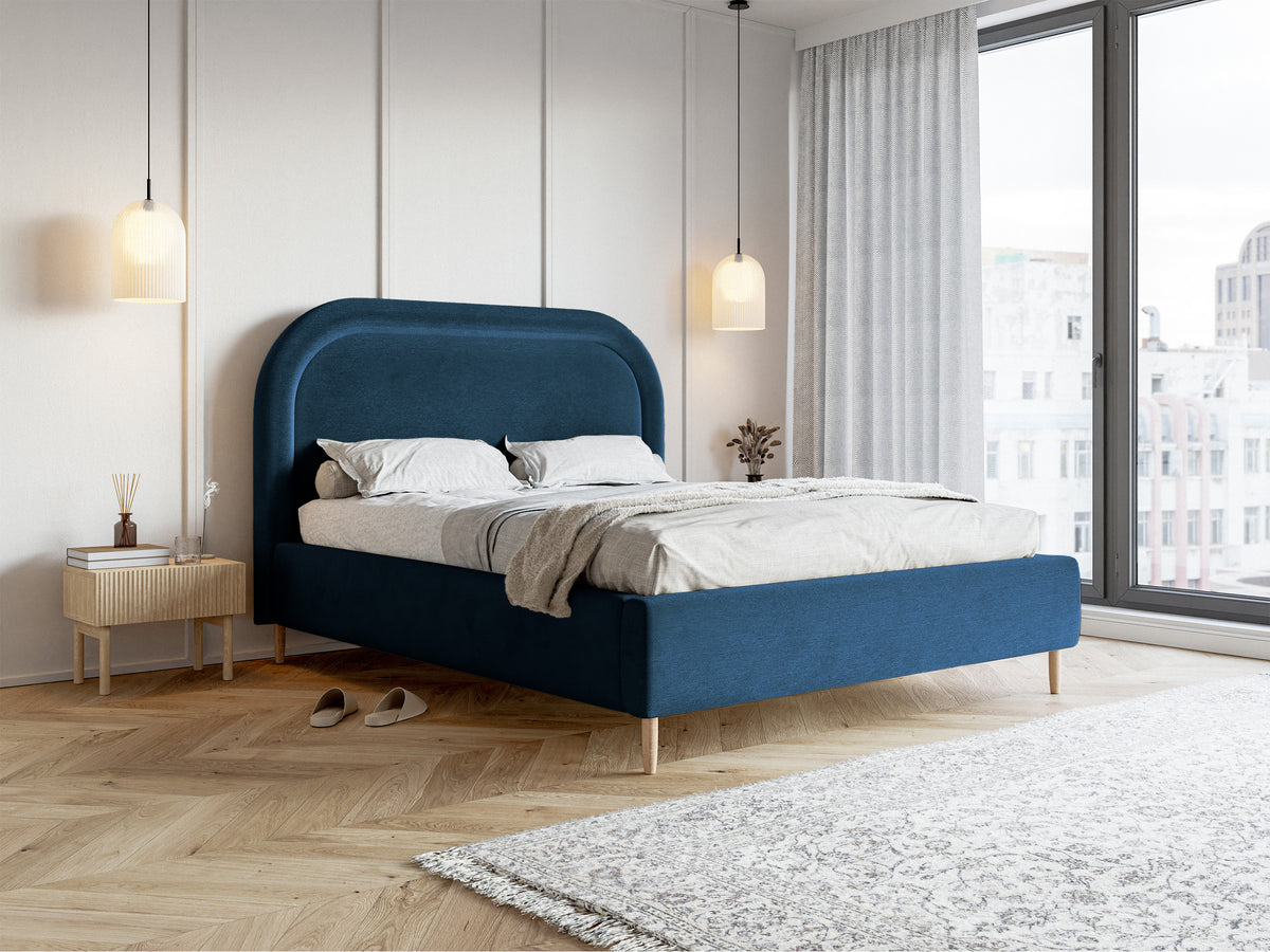 Lit tapissé 180x200 cm Loreo avec rangement, velours hydrofuge bleu marine