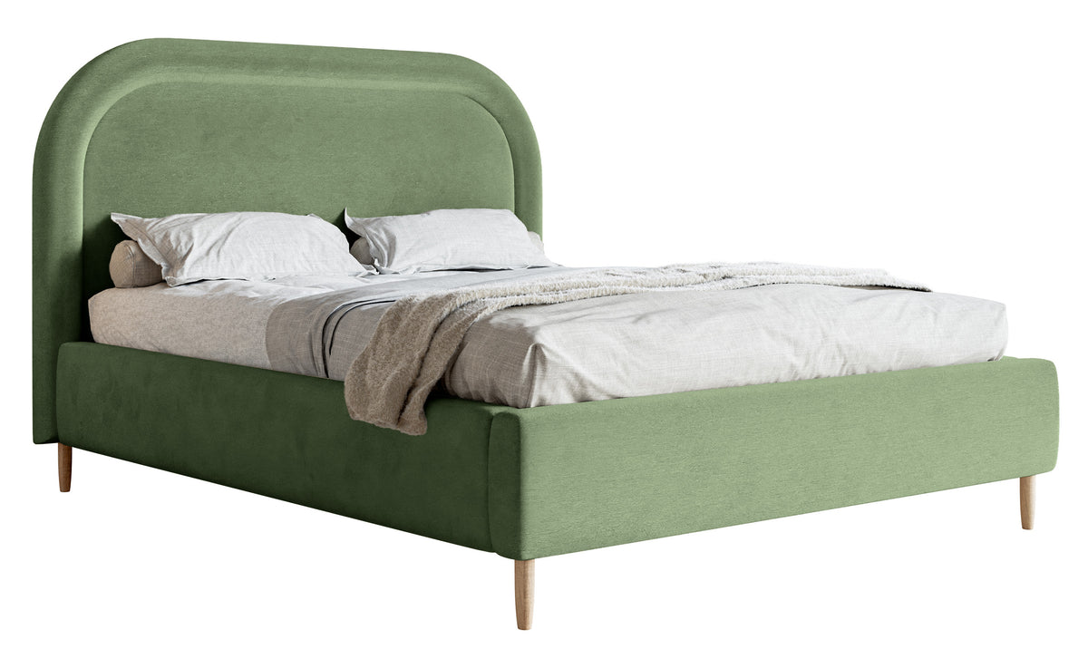 Lit tapissé 160x200 cm Loreo avec rangement, velours hydrofuge eucalyptus