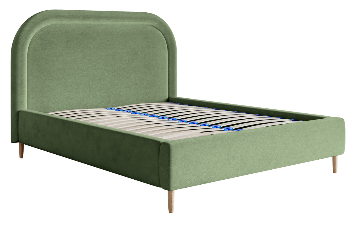 Lit tapissé 160x200 cm Loreo avec rangement, velours hydrofuge eucalyptus