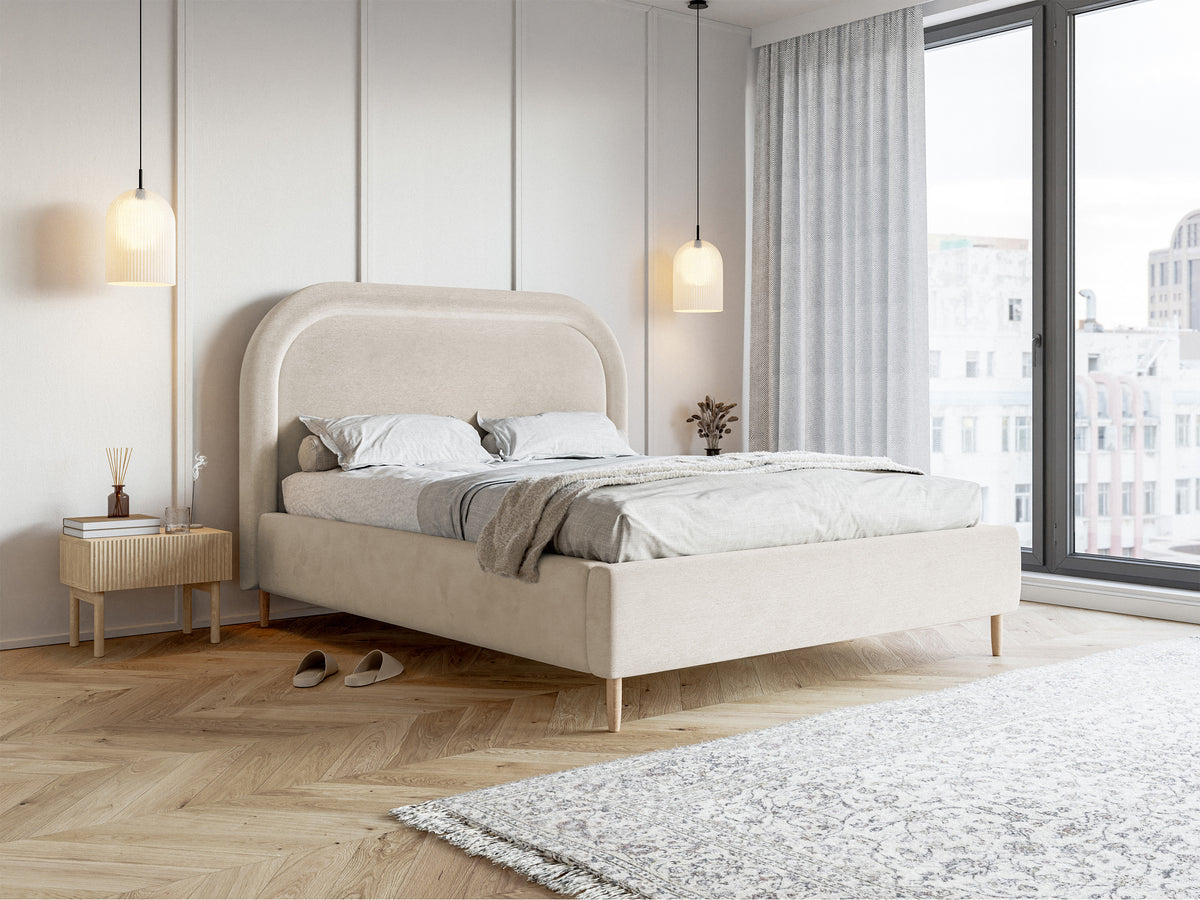 Lit tapissé 160x200 cm Loreo avec rangement, velours hydrofuge gris-beige