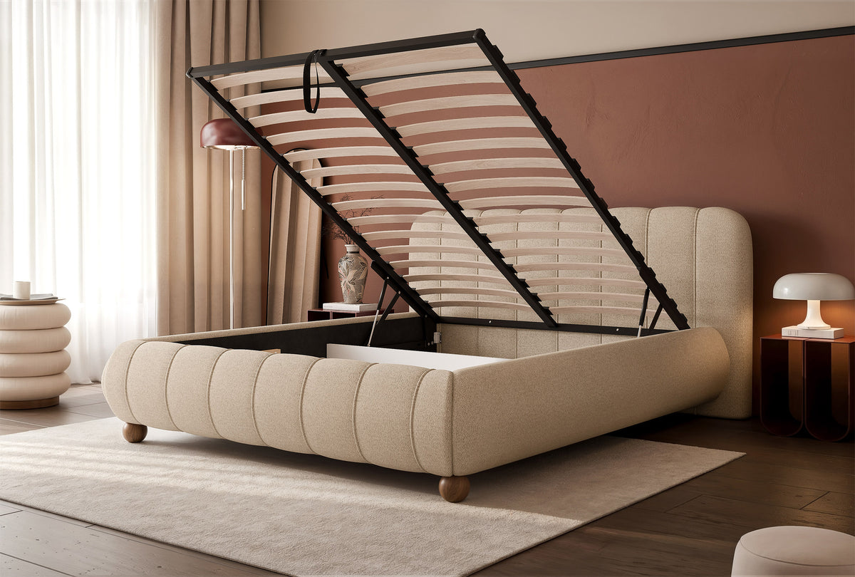 Gepolstertes Bett 160x200 cm Malunna mit Stauraum, Metallrahmen, beiger, leicht zu reinigender Chenille, lackierte Buchekugelfüße