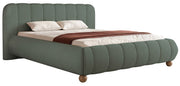 Gepolstertes Bett 200x200 cm Malunna mit Stauraum, Metallrahmen, salbeigrüner Chenille-Stoff, pflegeleicht, Beine in lackiertem Buchenholz, kugelförmig