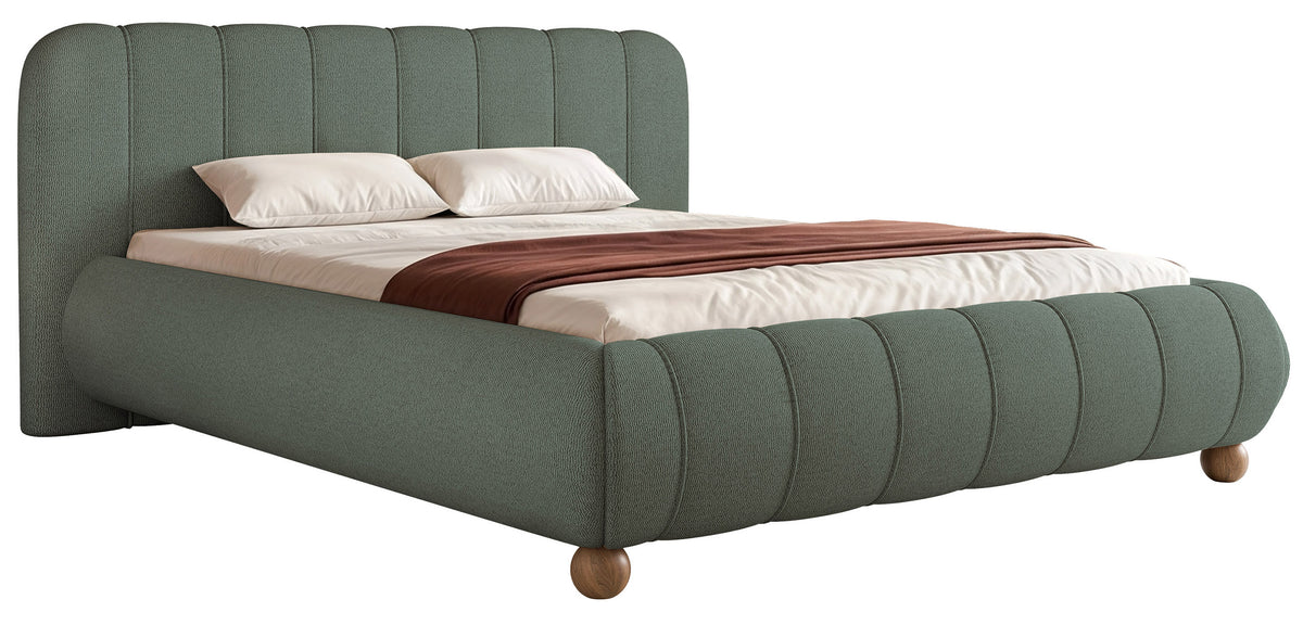 Gepolstertes Bett 200x200 cm Malunna mit Stauraum, Metallrahmen, salbeigrüner Chenille-Stoff, pflegeleicht, Beine in lackiertem Buchenholz, kugelförmig