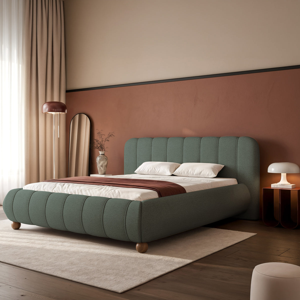Gepolstertes Bett 200x200 cm Malunna mit Stauraum, Metallrahmen, salbeigrüner Chenille-Stoff, pflegeleicht, Beine in lackiertem Buchenholz, kugelförmig