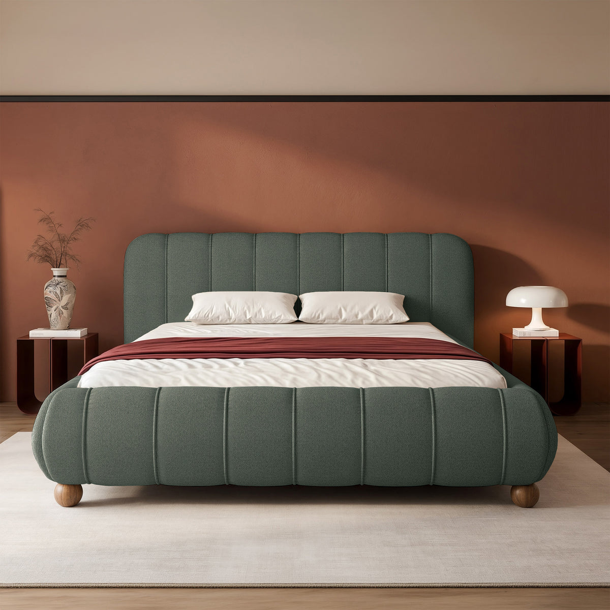 Gepolstertes Bett 200x200 cm Malunna mit Stauraum, Metallrahmen, salbeigrüner Chenille-Stoff, pflegeleicht, Beine in lackiertem Buchenholz, kugelförmig