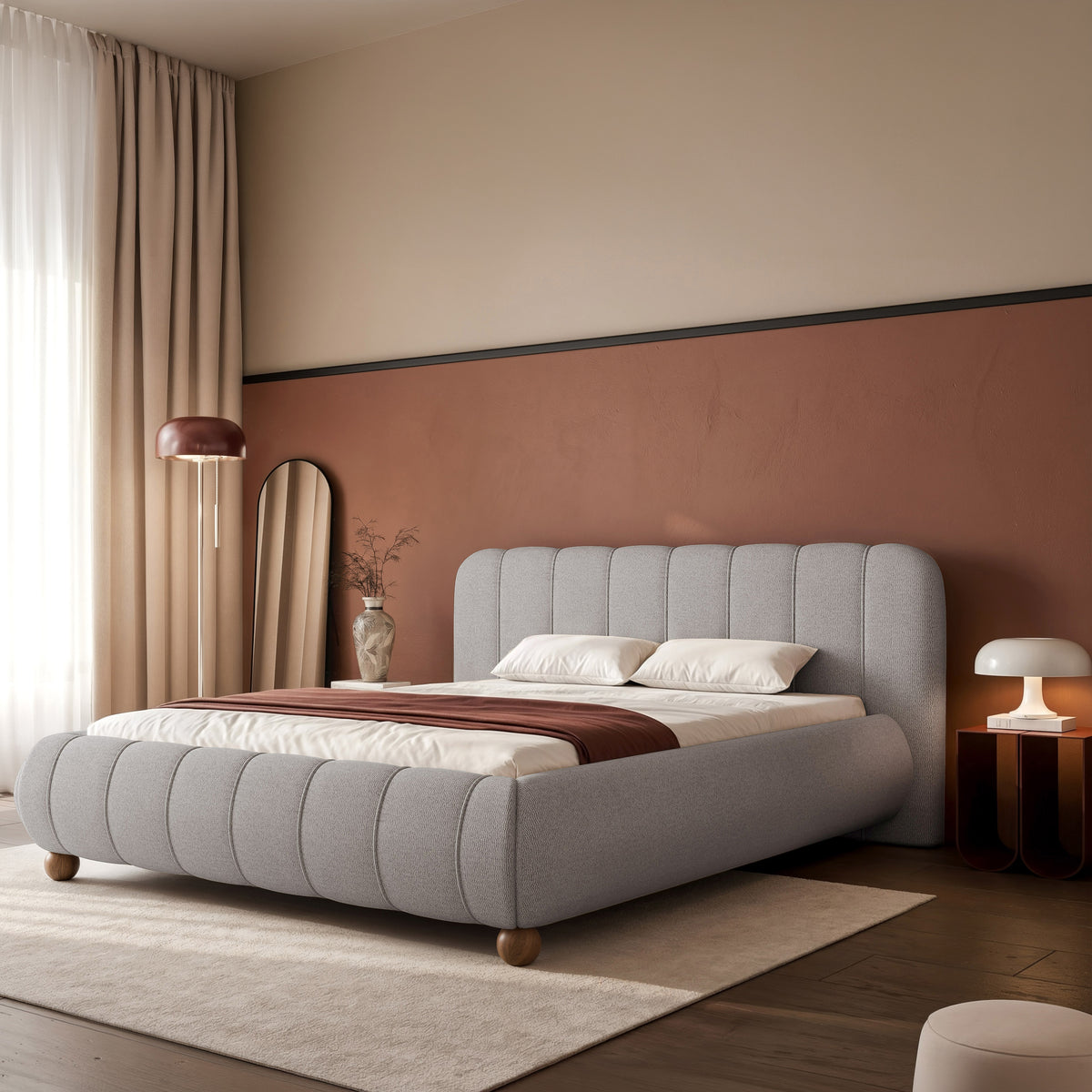 Gepolstertes Bett 160x200 cm Malunna mit Stauraum, Metallrahmen, grauer, leicht zu reinigender Chenille, kugelförmige Beine aus lackiertem Buchenholz