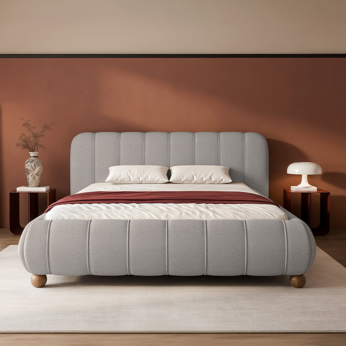 Gepolstertes Bett 200x200 cm Malunna mit Stauraum, Metallrahmen, grauer, leicht zu reinigender Chenille, kugelförmige Beine aus lackiertem Buchenholz