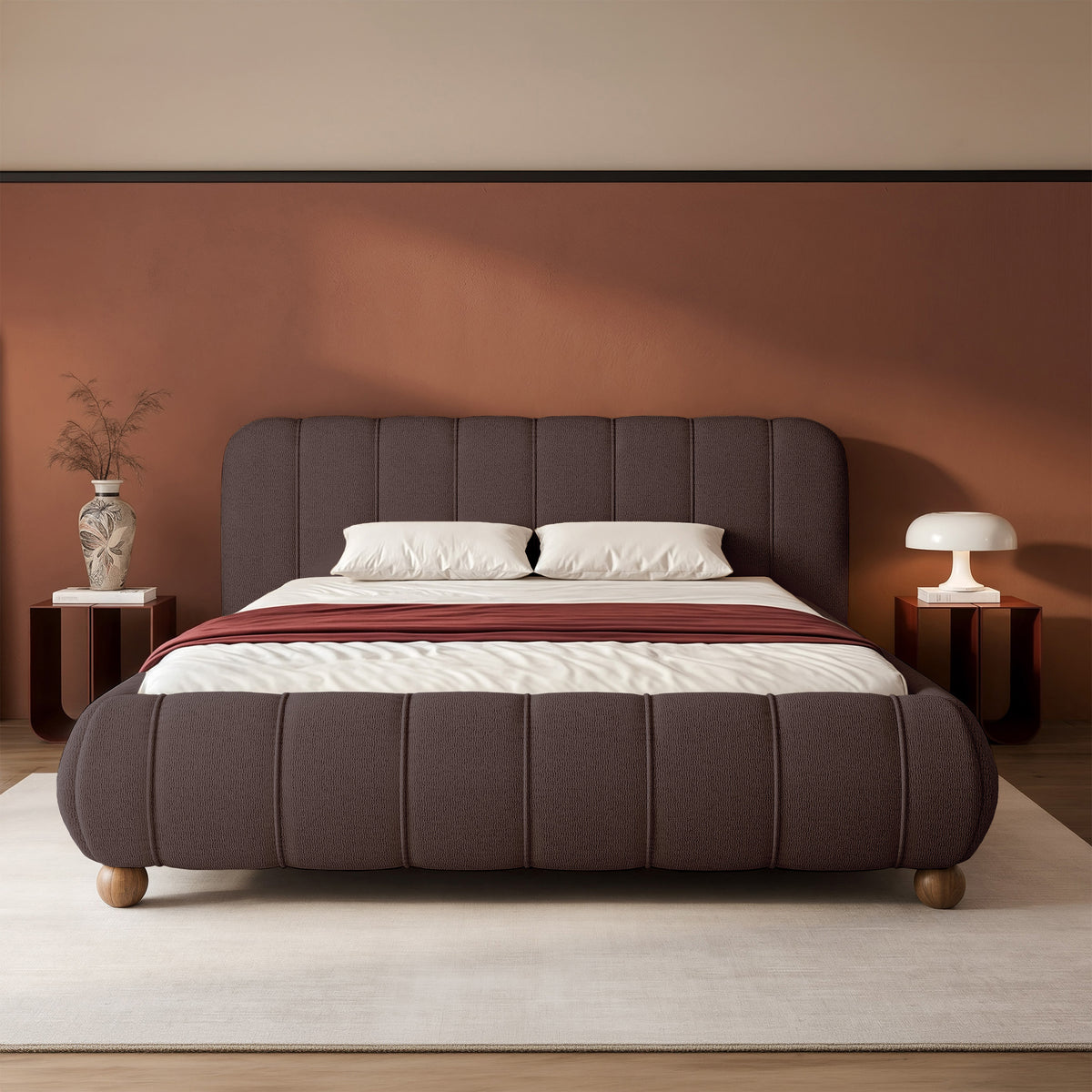 Lit tapissé 160x200 cm Malunna avec rangement, cadre métallique, tissu chenille marron facile à nettoyer, pieds boule en hêtre laqué