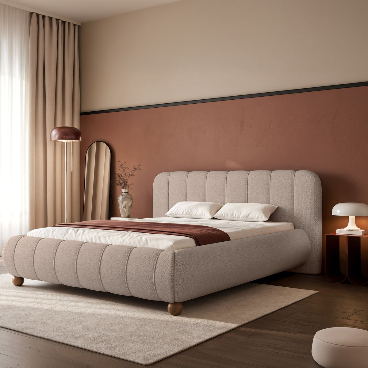 Polsterbett 180x200 cm Malunna mit Stauraum, Metallrahmen, hellbeige Chenille, pflegeleicht, kugelförmige Füße aus lackiertem Buchenholz