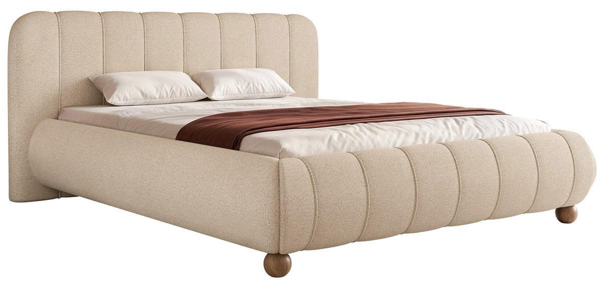 Gepolstertes Bett 160x200 cm Malunna mit Stauraum, Metallrahmen, beiger, leicht zu reinigender Chenille, lackierte Buchekugelfüße