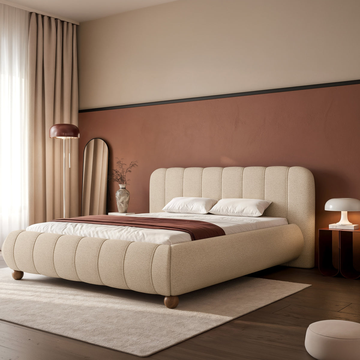 Gepolstertes Bett 160x200 cm Malunna mit Stauraum, Metallrahmen, beiger, leicht zu reinigender Chenille, lackierte Buchekugelfüße