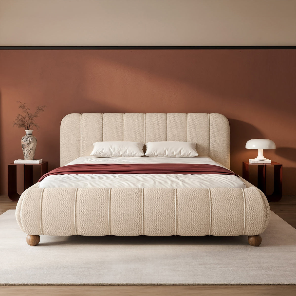 Gepolstertes Bett 160x200 cm Malunna mit Stauraum, Metallrahmen, beiger, leicht zu reinigender Chenille, lackierte Buchekugelfüße