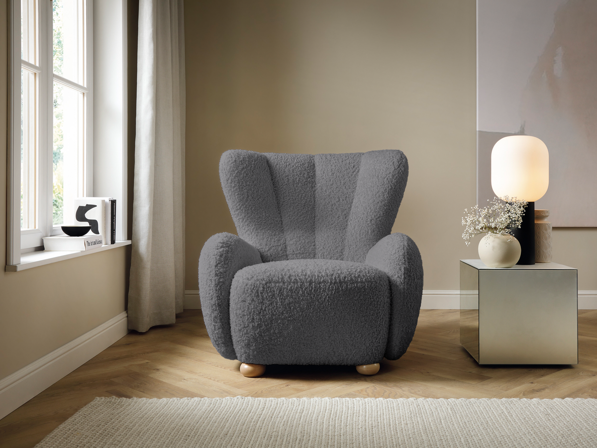 Fauteuil baquet Milele gris boucle pieds en hêtre