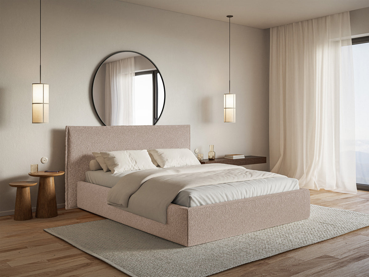 Lit tapissé 180x200 cm Softie avec rangement, chenille beige foncé, cadre métallique