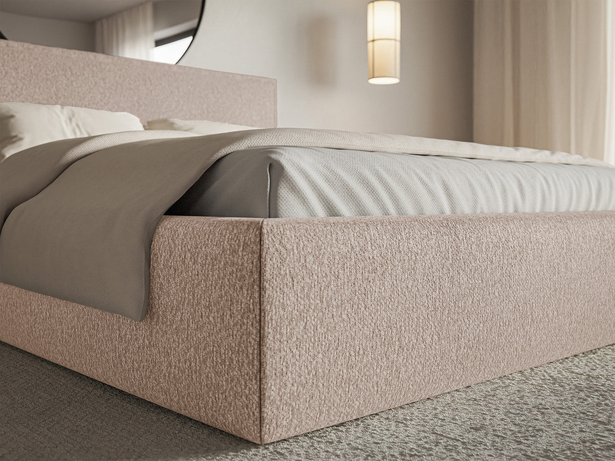 Lit tapissé 140x200 cm Softie avec rangement, tissu chenille beige foncé, cadre métallique