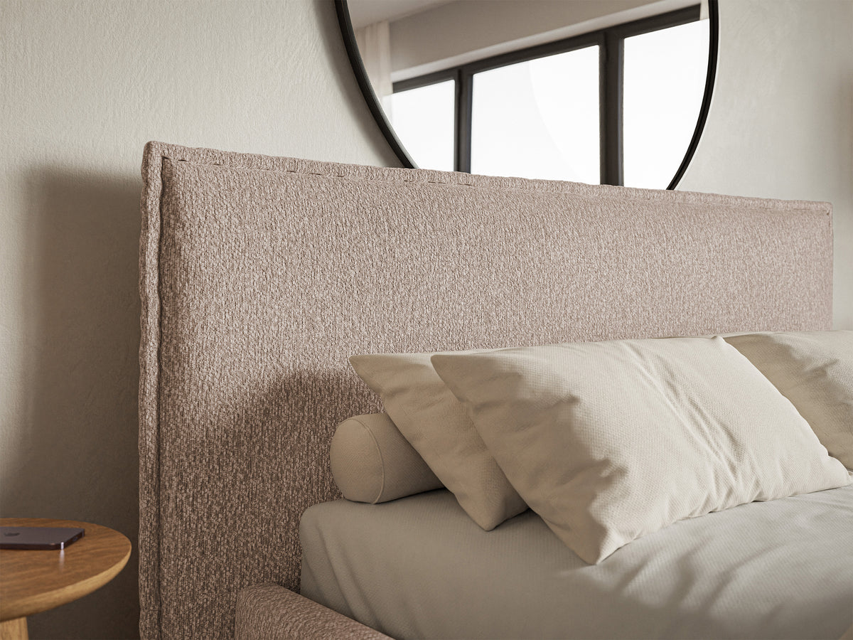 Lit tapissé 140x200 cm Softie avec rangement, tissu chenille beige foncé, cadre métallique