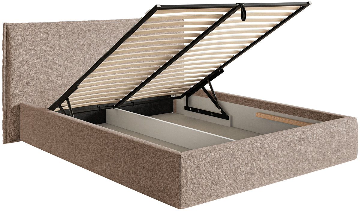 Lit tapissé 140x200 cm Softie avec rangement, tissu chenille beige foncé, cadre métallique