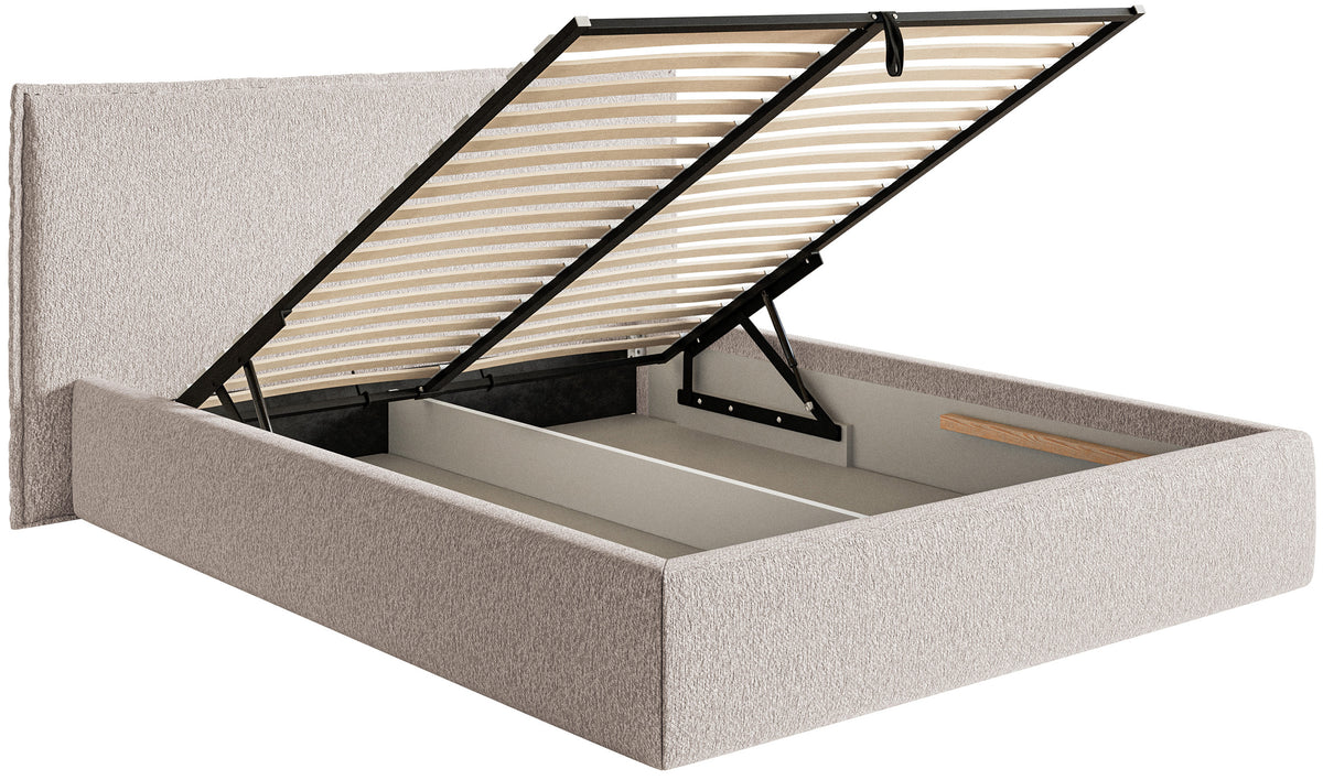 Lit tapissé 180x200 cm Softie avec rangement beige en chenille cadre métallique