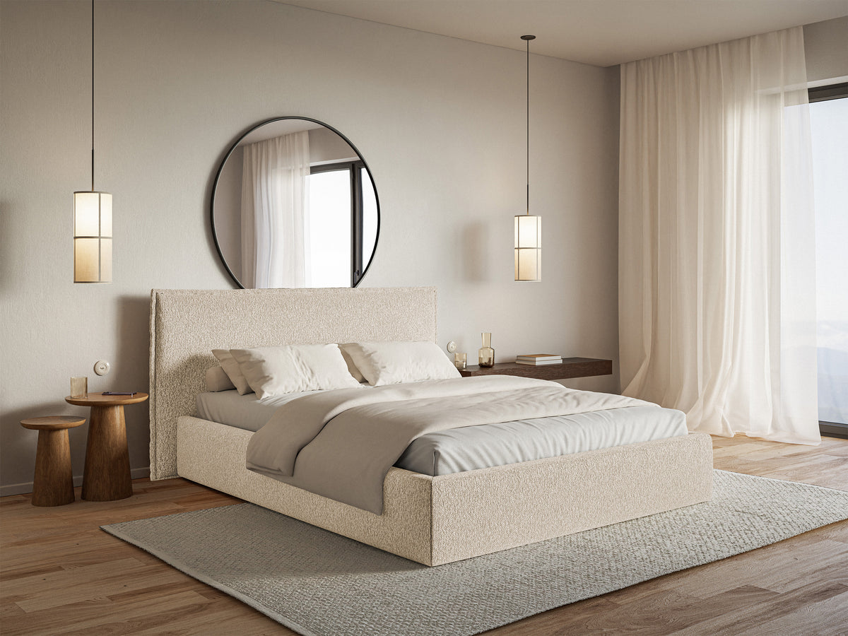 Lit tapissé 140x200 cm Softie avec rangement, velours chenille beige clair, cadre métallique